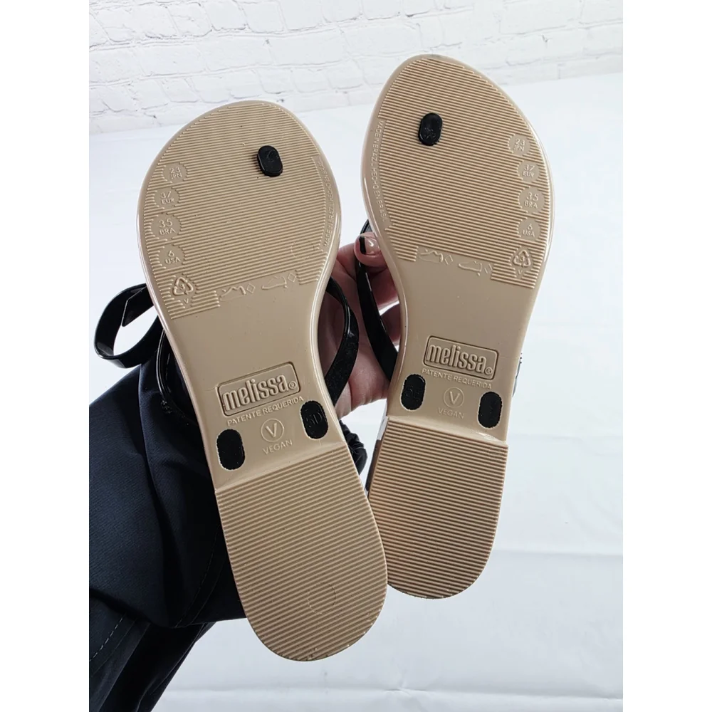 Melissa Harm Sweet VIII Flip Flops Black/Beige Sandals Bow Women's Size 7